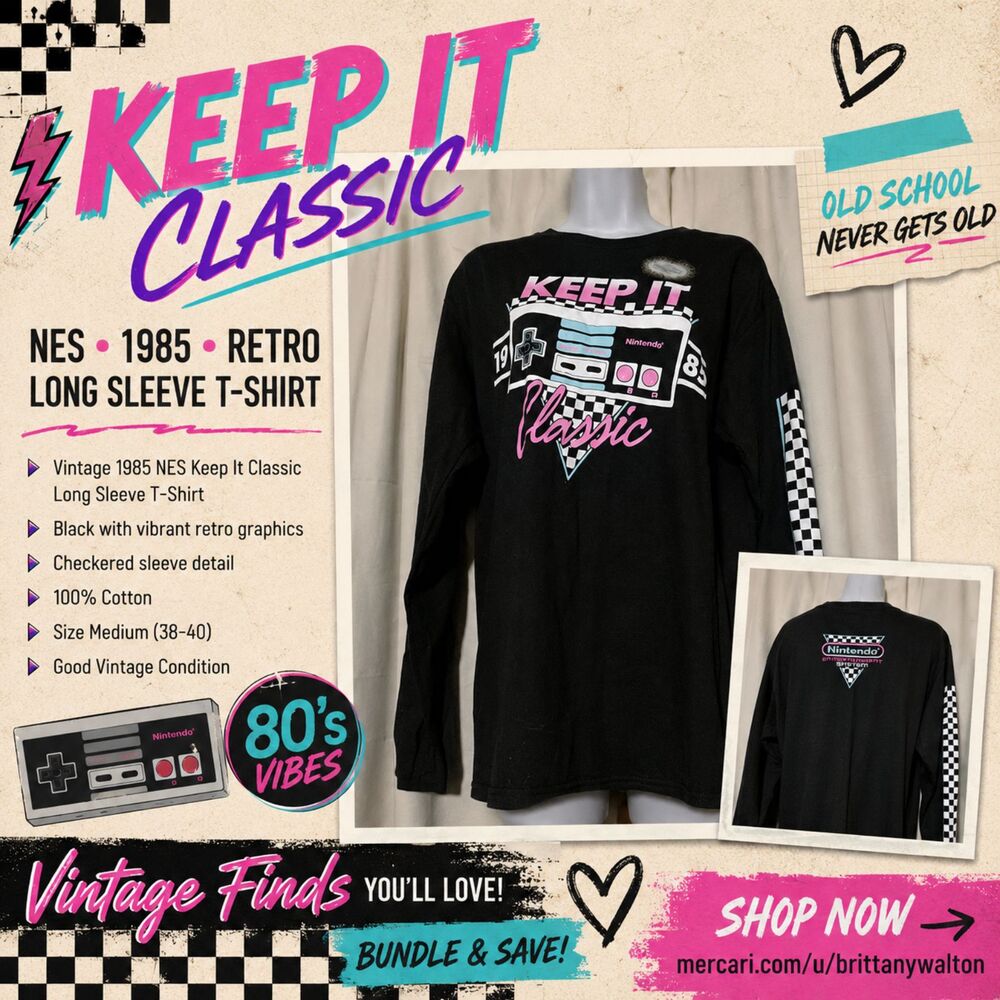 Nes Keep It Classic 1985 Black Retro Video Game Long Sleeve T Shirt Size Medium